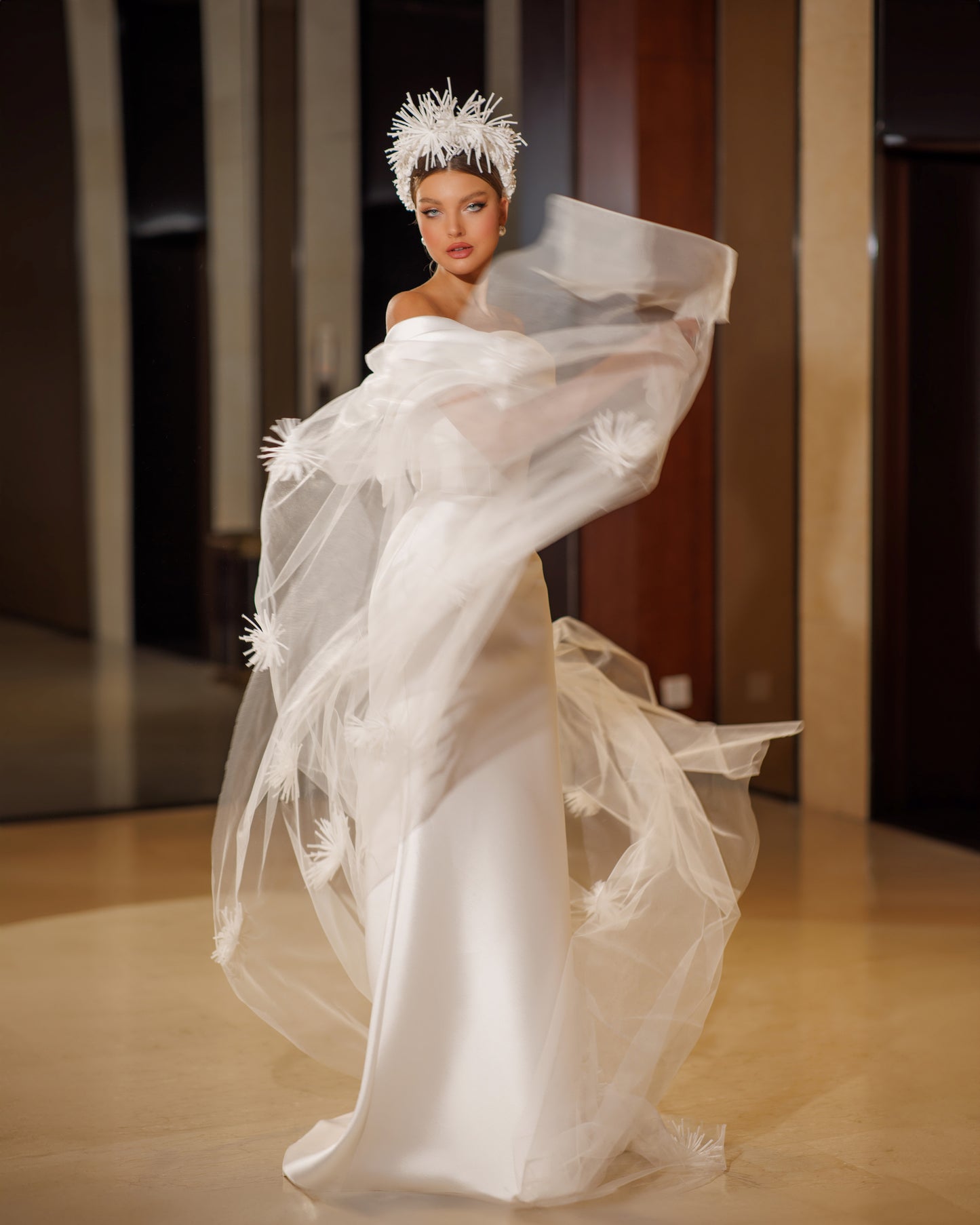 Mikado wedding dress with off-the-shoulder neckline