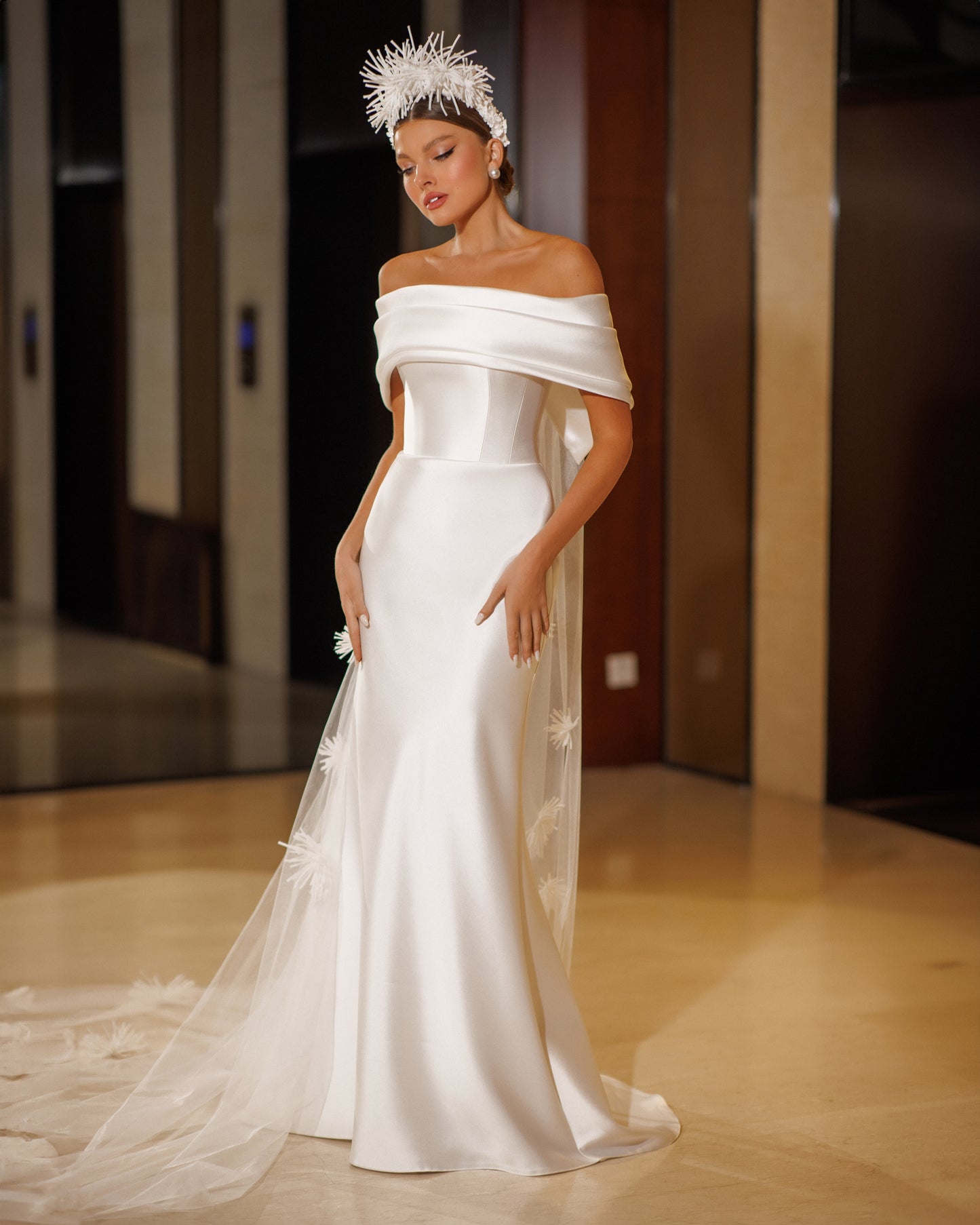 Mikado wedding dress with off-the-shoulder neckline