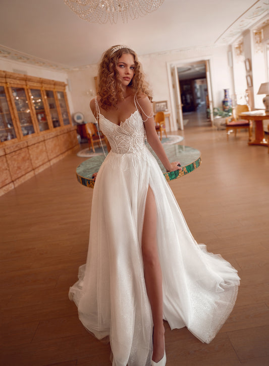 glitter tulle a-line wedding dress with beaded corset and pearl straps