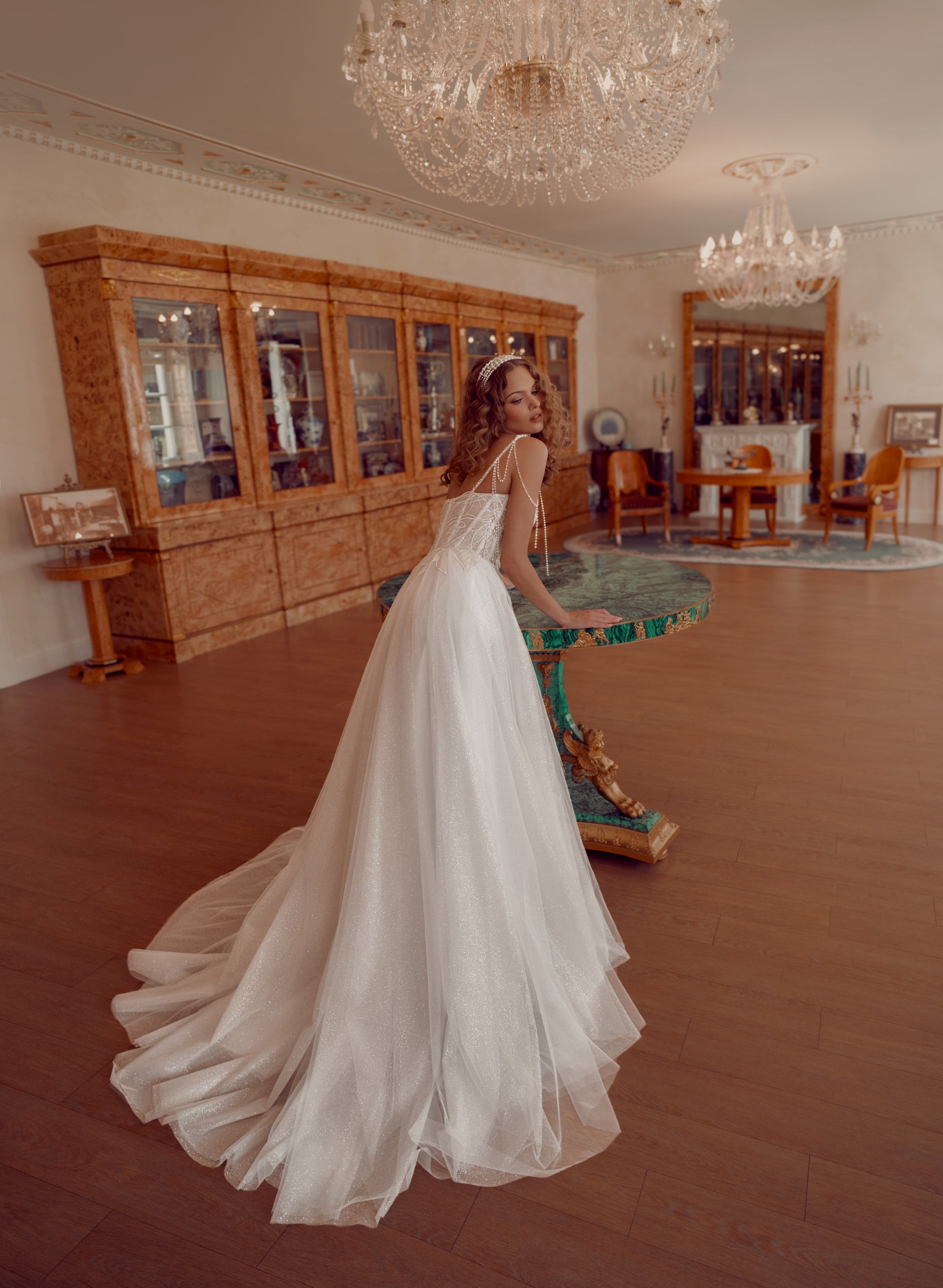 glitter tulle a-line wedding dress with beaded corset and pearl straps