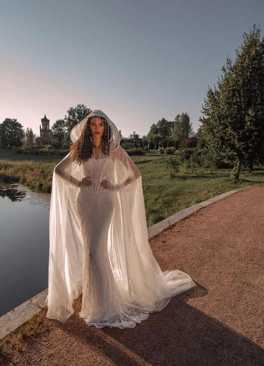 beaded halter lace mermaid wedding dress with corset bodice and detachable sheer cape