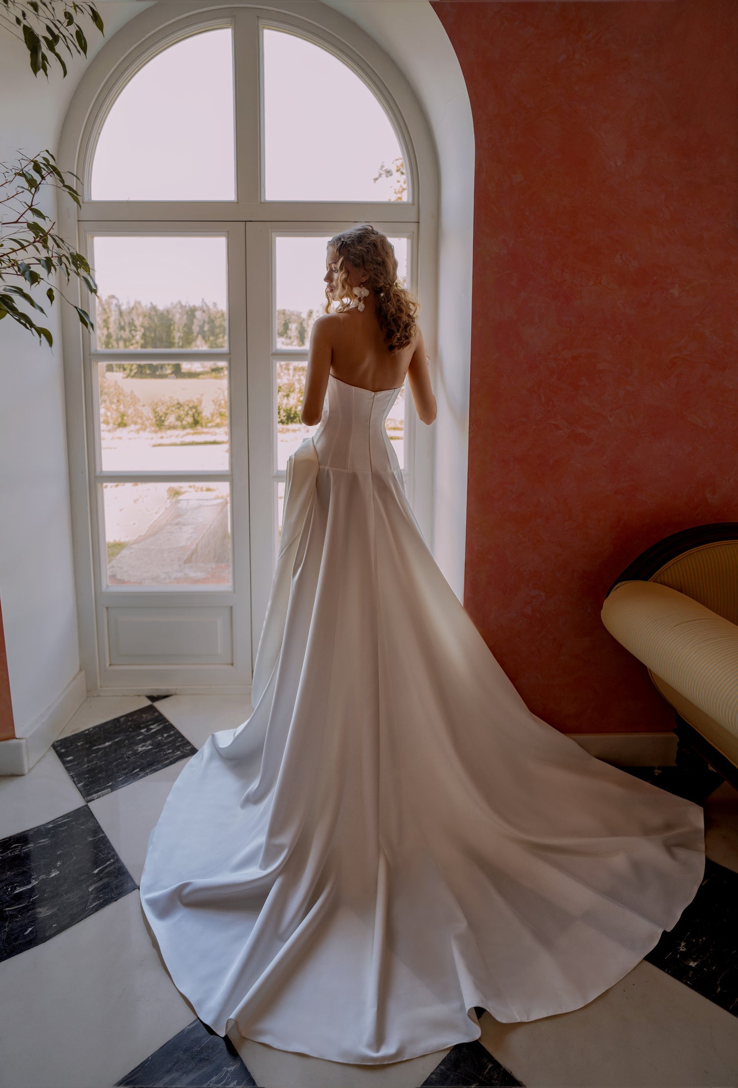 strapless matte mikado wedding dress with draped bodice and lace underskirt