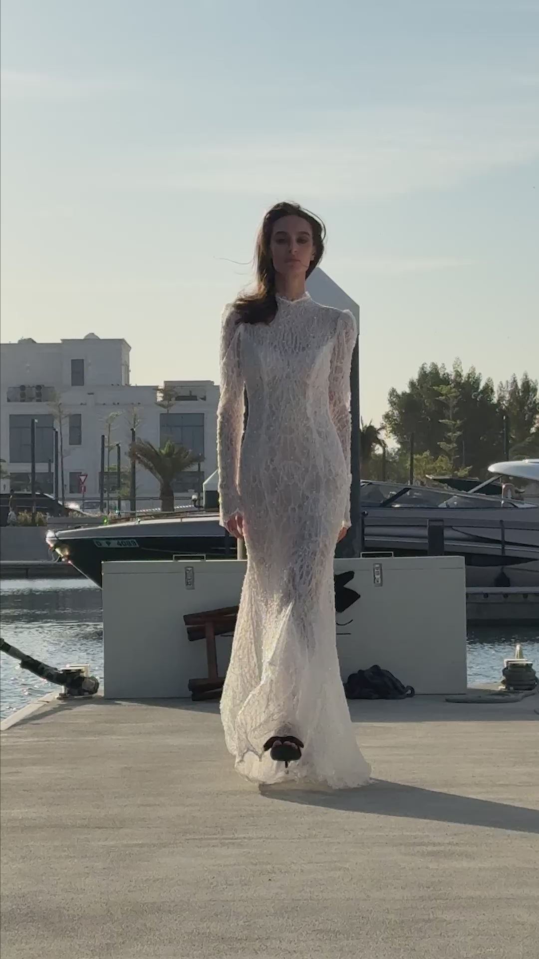 Celeste beaded lace long-sleeve sheath wedding dress with high neck and detachable tulle overskirt, open-back detail.