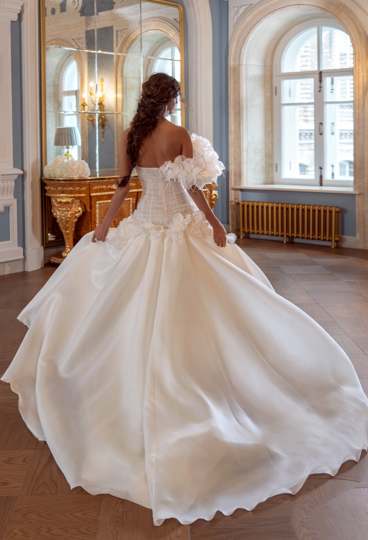 Organza Ball Gown Wedding Dress with Fabric Flowers and Feather Off-Shoulder Neckline