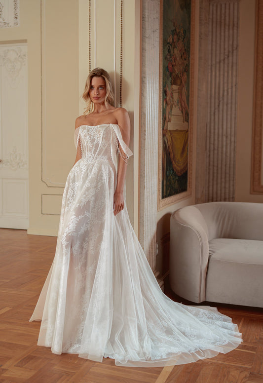 Off-Shoulder Lace A-Line Wedding Dress with Tulle Overlay and Pearl Straps - photo 1