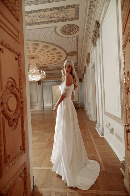 Satin A-Line Wedding Dress with Off-Shoulder Draped Straps and Sweetheart Corset - photo 1