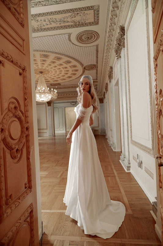 Satin A-Line Wedding Dress with Off-Shoulder Draped Straps and Sweetheart Corset - photo 1