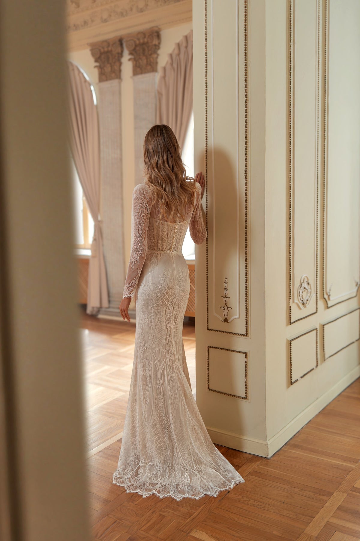 Lace Mermaid Wedding Dress with High-Neck Sleeves and Detachable Satin Corset Overskirt - photo 1