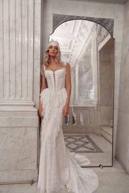 Lace Mermaid Wedding Dress with Square Neckline, Beaded Straps and Lace Ruffles - photo 1