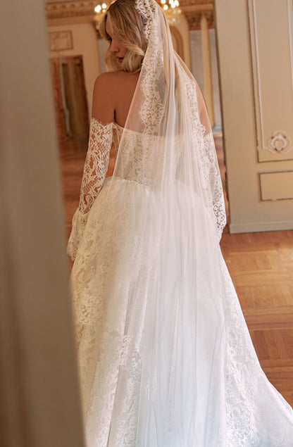 Lace Ball Gown Wedding Dress with Off-Shoulder Sheer Corset and Lace Sleeves - photo 1