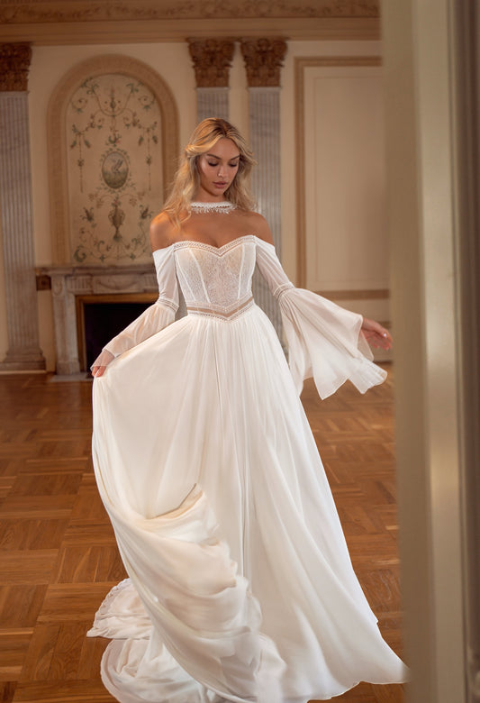 Lace and Chiffon A-Line Wedding Dress with Detachable Bell Sleeves and Choker - photo 1