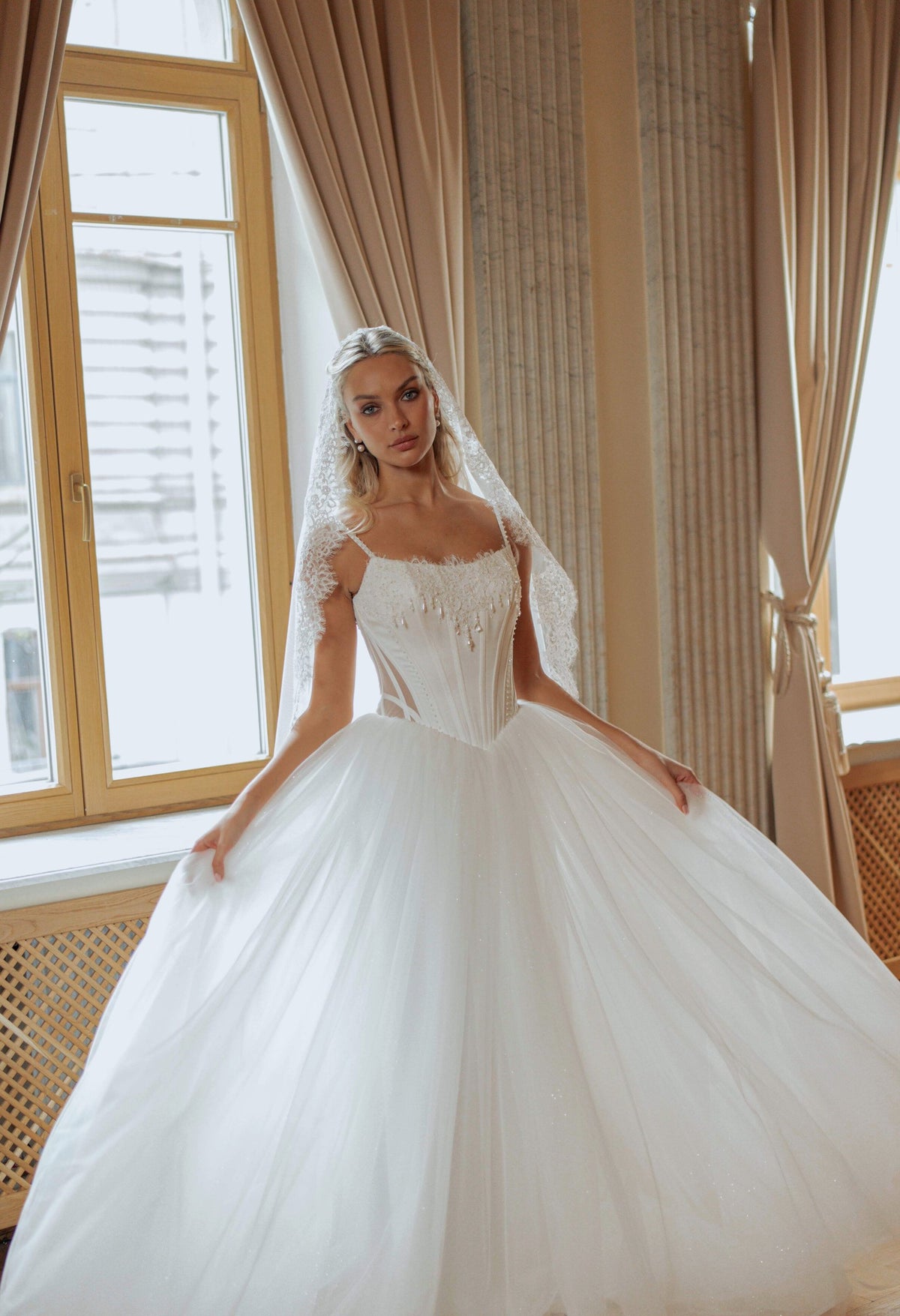 Tulle Ball Gown Wedding Dress with Spaghetti Strap Corset and Lace Mantilla Veil - photo 1
