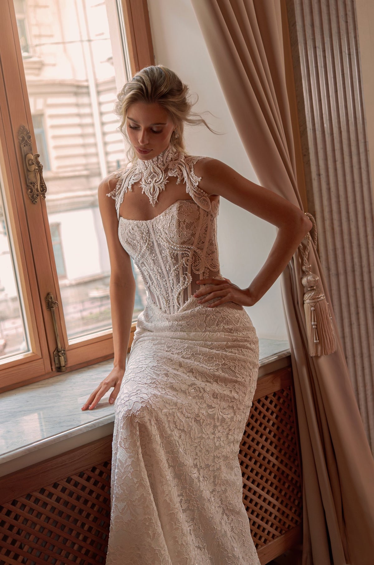Mermaid Lace Wedding Dress with Pearl Beaded Corset and Keyhole - photo 1