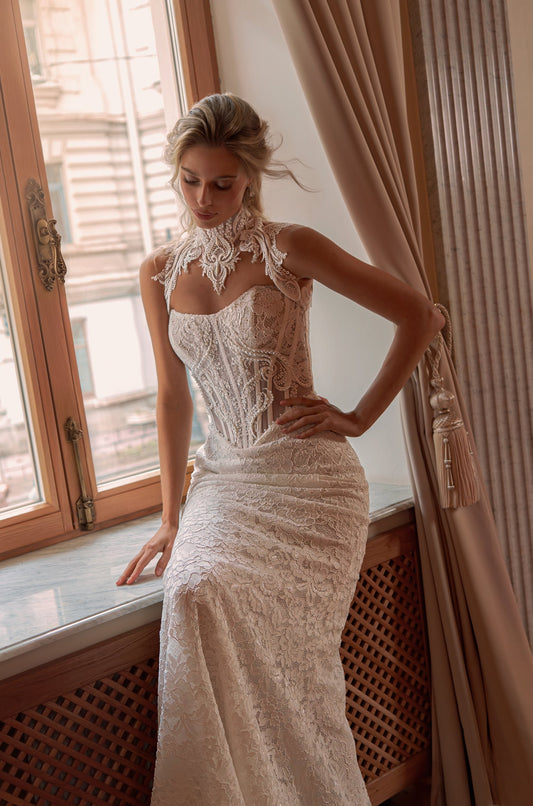 Mermaid Lace Wedding Dress with Pearl Beaded Corset and Keyhole - photo 1