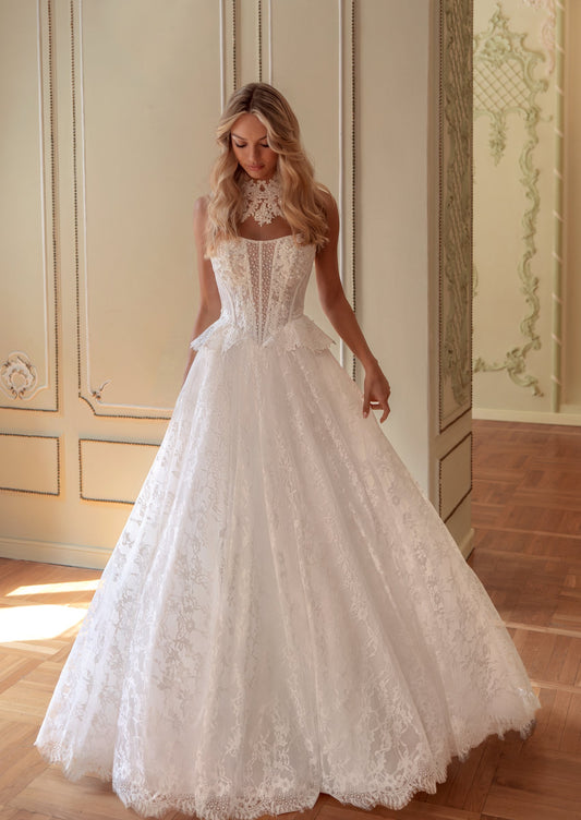 Strapless Sheer Corset Lace Ball Gown Wedding Dress with Peplum, Slit and Lace Choker - photo 1
