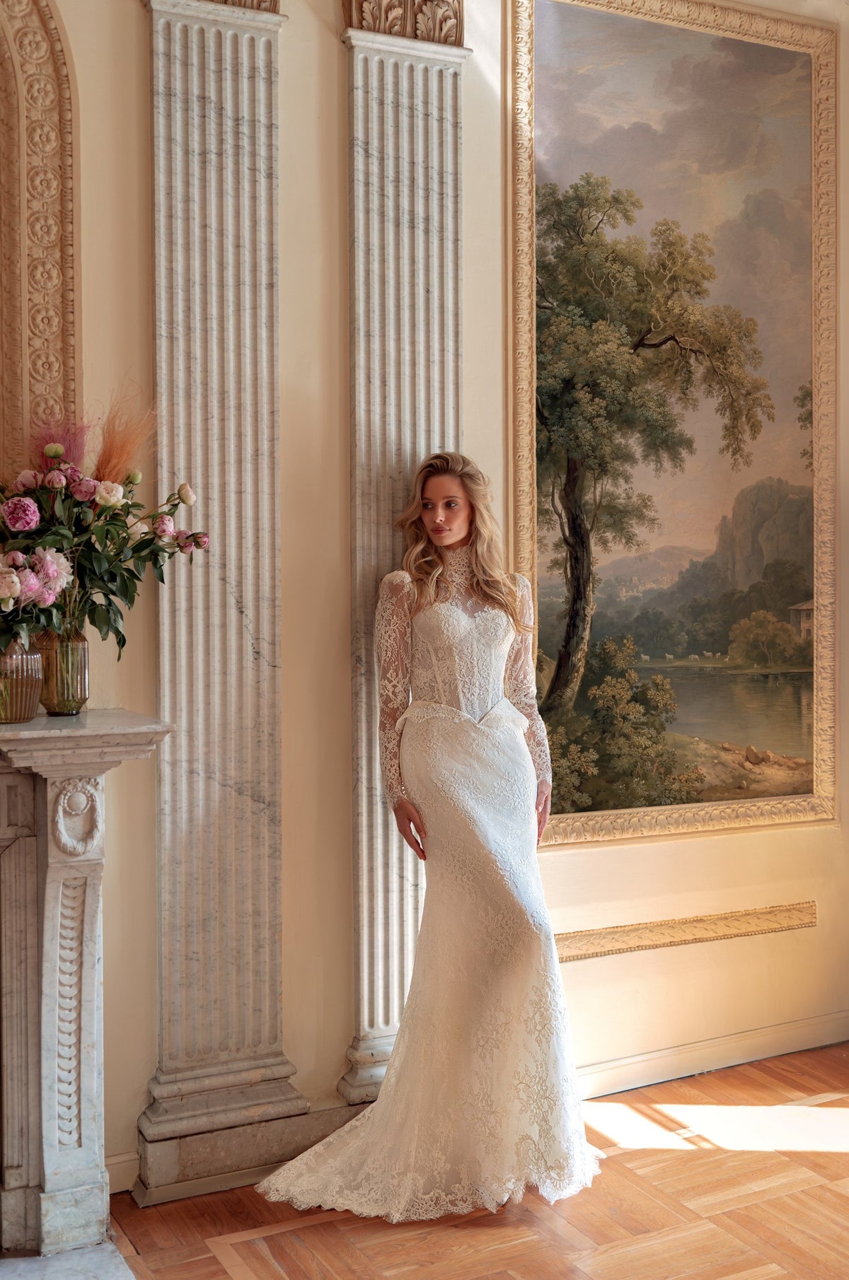Lace Mermaid Wedding Dress with High-Neck Sheer Sleeves, Peplum Corset and Scalloped Train - photo 1