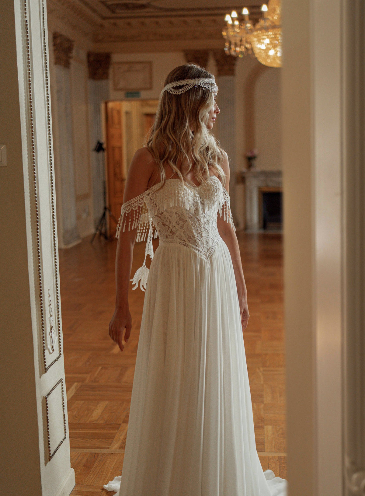 Chiffon A-Line Wedding Dress with Sweetheart Corset, Beaded Fringe Straps and Slit - photo 1