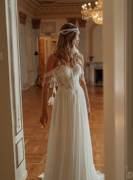 Chiffon A-Line Wedding Dress with Sweetheart Corset, Beaded Fringe Straps and Slit - photo 1