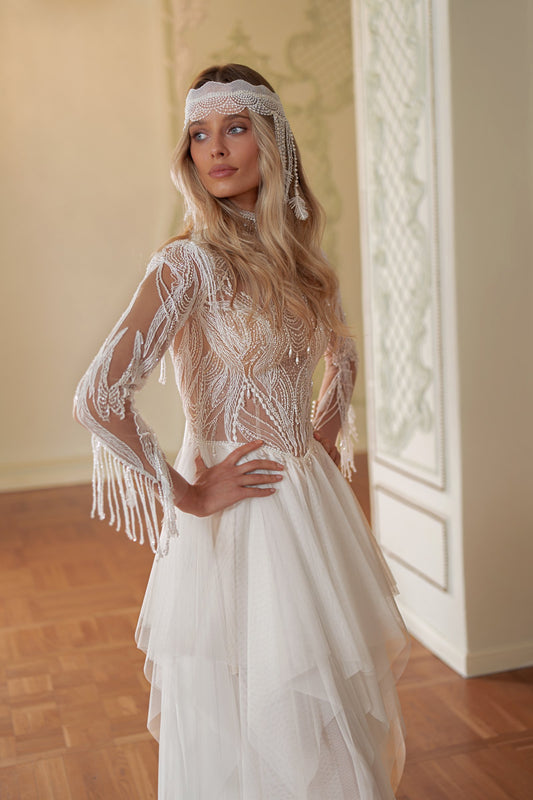 Lace Wedding Dress with Beaded Fringe Bodice, Long Sleeves and Layered Tulle Skirt - photo 1