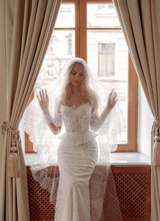 Lace Mermaid Wedding Dress with Sheer Peplum Corset, Lace Gloves and Veil - photo 1