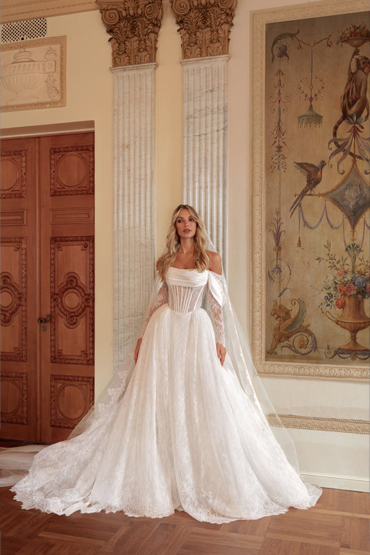 A-Line Wedding Dress with Off-Shoulder Cowl Neckline and Puffed Sheer Lace Sleeves - photo 1