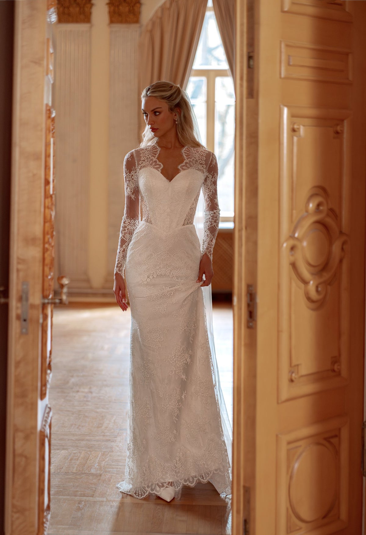 Lace Sheath Wedding Dress with Sweetheart Illusion Neckline and Long Sheer Lace Sleeves - photo 1