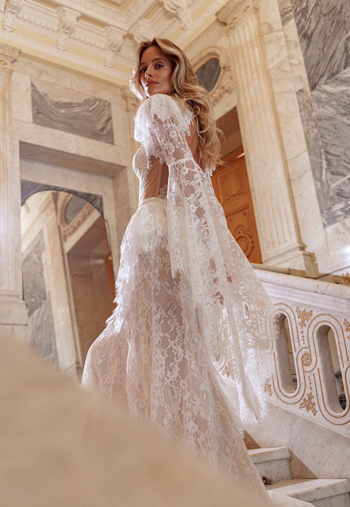 Lace Mermaid Wedding Dress with Removable Flared Bell-Sleeve Bolero - photo 1