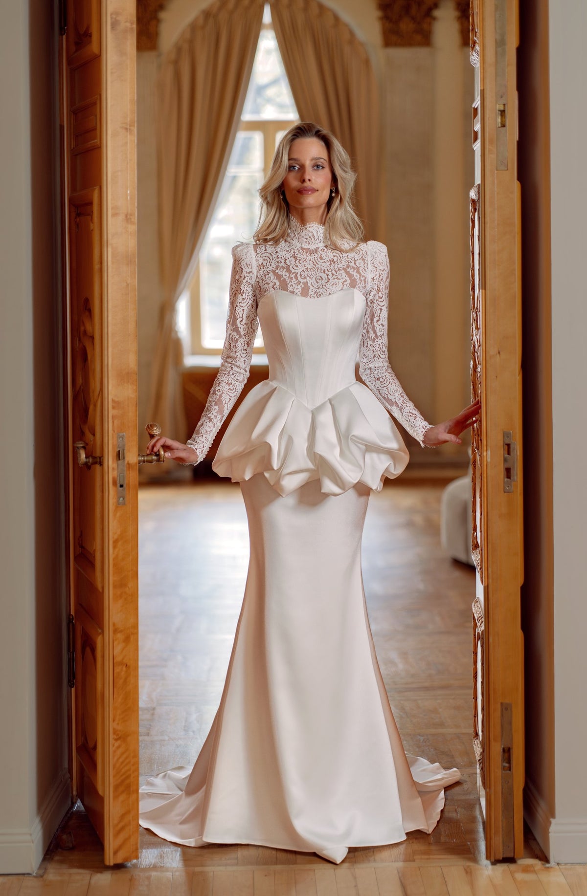 Soft Satin Mermaid Wedding Dress with Peplum Corset and Lace Bolero - photo 1