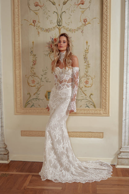 Off-Shoulder Lace Mermaid Wedding Dress with Sheer Corset, Lace Sleeves and Scalloped Train - photo 1