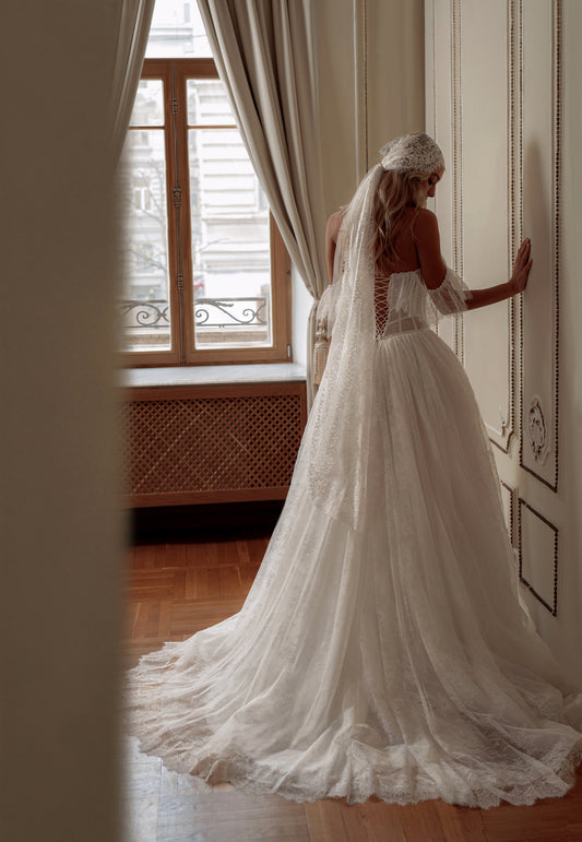 Off-Shoulder Lace Fringe Sleeve Ball Gown Wedding Dress with Corset and Lace-Up Back - photo 1