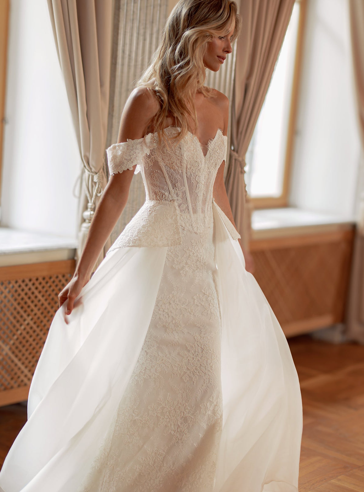 Off-Shoulder Lace Mermaid Wedding Dress with Peplum and Detachable Organza Overskirt - photo 1