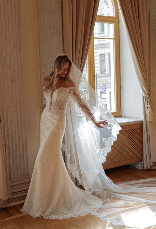 Lace Mermaid Wedding Dress with Plunging Illusion Corset and Sheer Lace Sleeves - photo 1