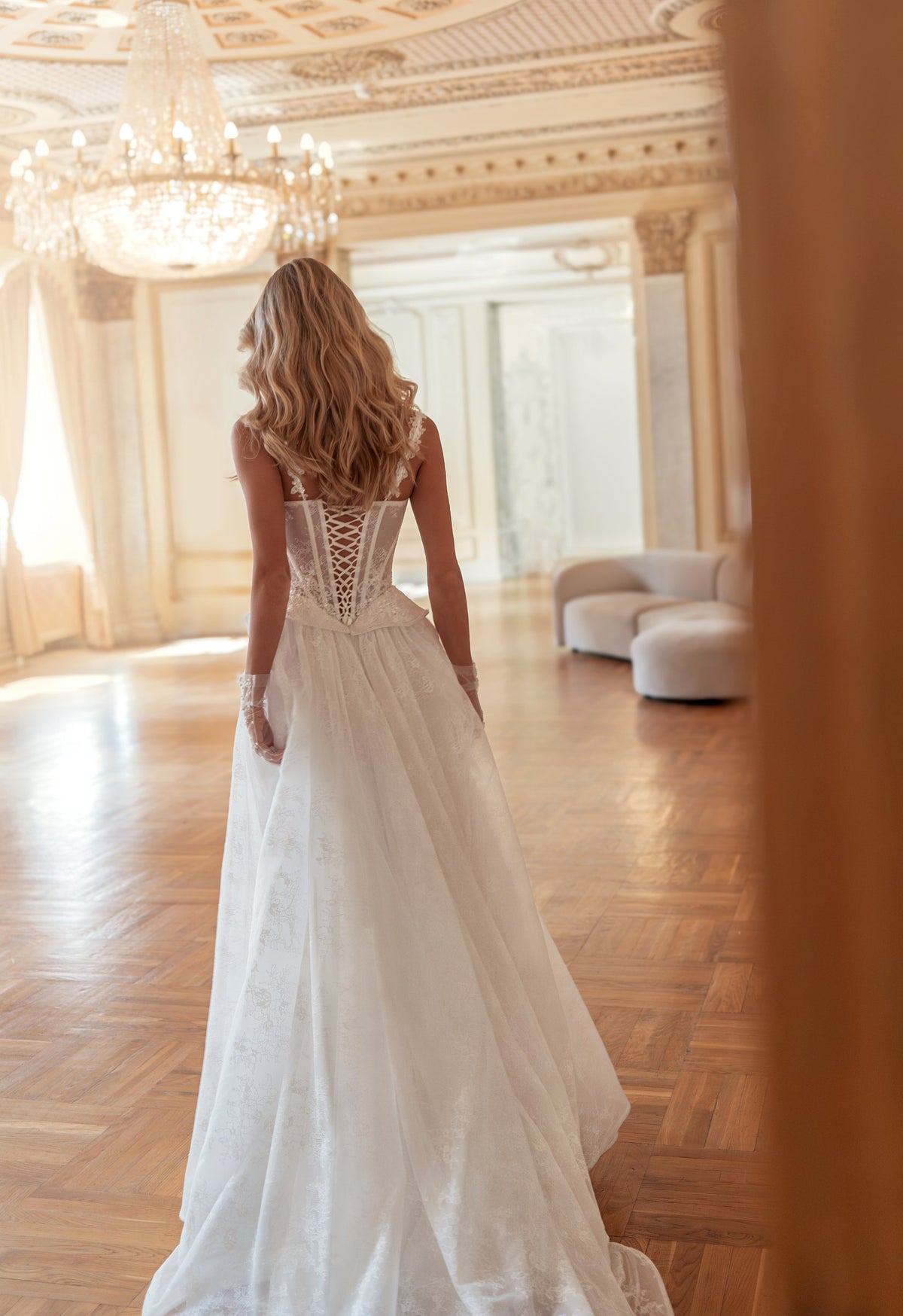 Tulle Ball Gown Wedding Dress with Sweetheart Lace Corset, Straps and Peplum - photo 1