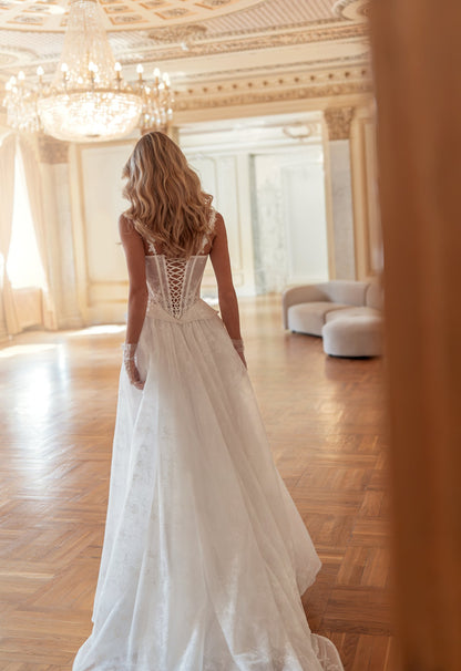 Tulle Ball Gown Wedding Dress with Sweetheart Lace Corset, Straps and Peplum - photo 1