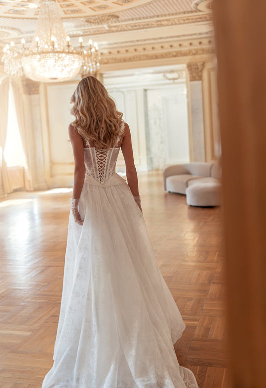 Tulle Ball Gown Wedding Dress with Sweetheart Lace Corset, Straps and Peplum - photo 1