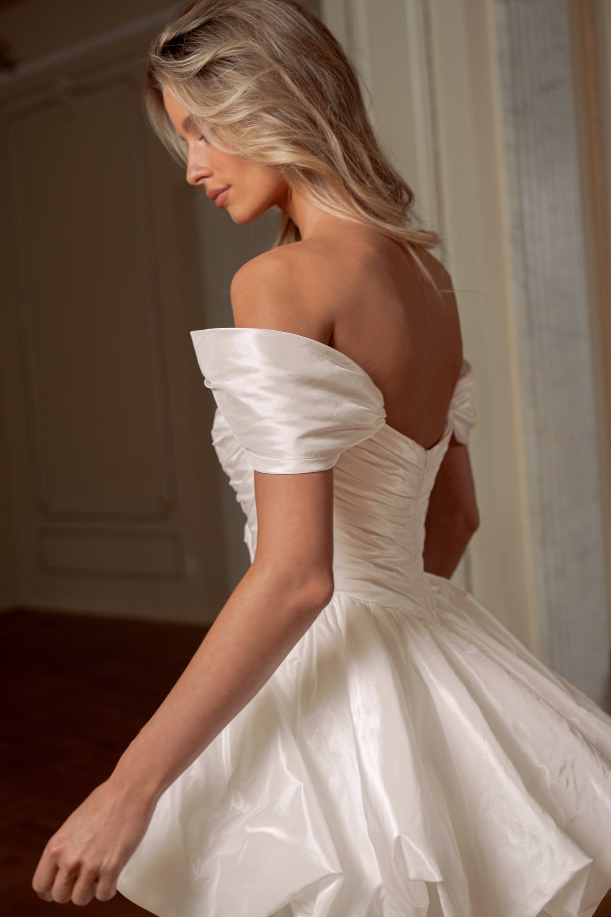 Convertible Taffeta Wedding Dress with Off-Shoulder Ruched Bodice and Removable Skirt - photo 1