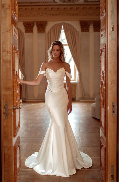 Soft Satin Mermaid Wedding Dress with Off-Shoulder Sweetheart and 3D Floral Detail - photo 1