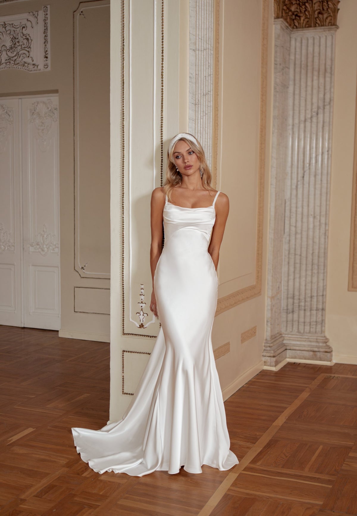 Silk Slip Wedding Dress with Cowl Neckline, Spaghetti Straps and Low Back - photo 2