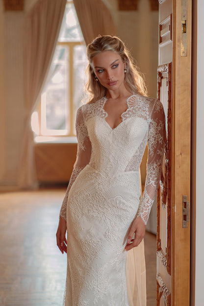 Lace Sheath Wedding Dress with Sweetheart Illusion Neckline and Long Sheer Lace Sleeves - photo 2