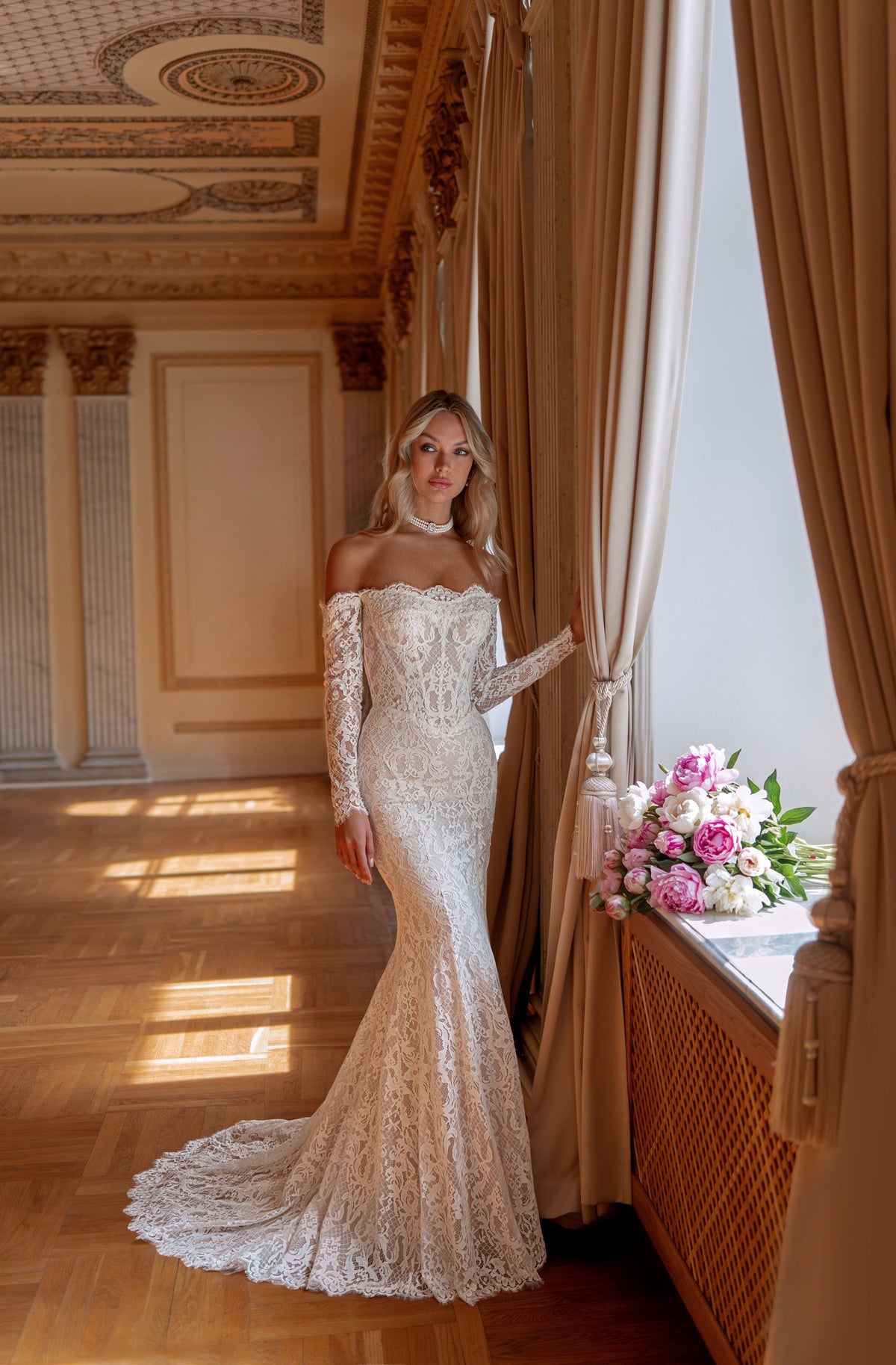 Strapless Lace Mermaid Wedding Dress with Long Sleeves and Detachable Satin Train - photo 2