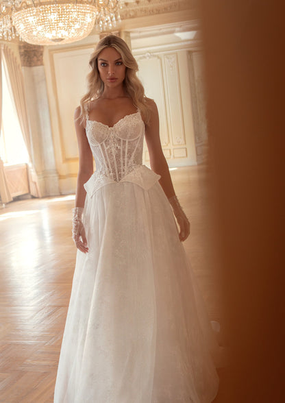 Tulle Ball Gown Wedding Dress with Sweetheart Lace Corset, Straps and Peplum - photo 2