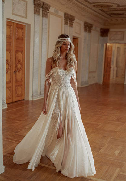Chiffon A-Line Wedding Dress with Sweetheart Corset, Beaded Fringe Straps and Slit - photo 2