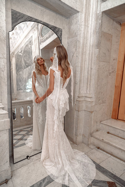 Lace Mermaid Wedding Dress with Square Neckline, Beaded Straps and Lace Ruffles - photo 2