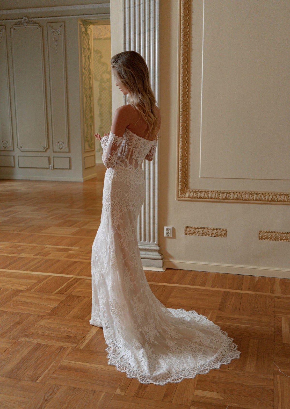 Off-Shoulder Lace Mermaid Wedding Dress with Sheer Corset, Lace Sleeves and Scalloped Train - photo 2