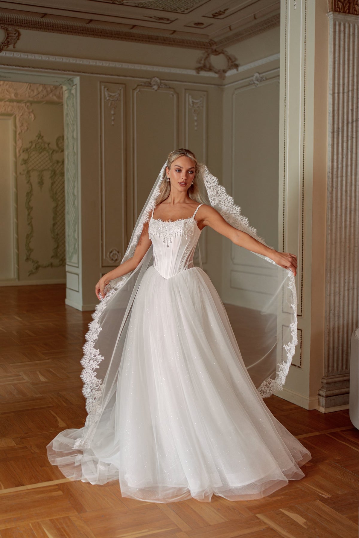 Tulle Ball Gown Wedding Dress with Spaghetti Strap Corset and Lace Mantilla Veil - photo 2