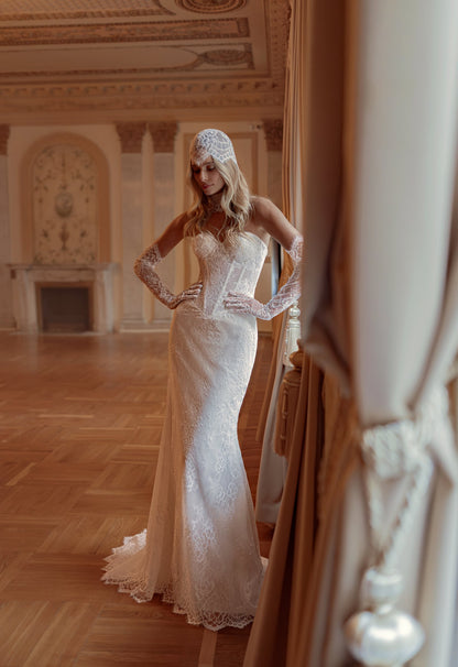 Strapless Sheer Lace Corset Wedding Dress with Gloves, Choker and Headdress - photo 2