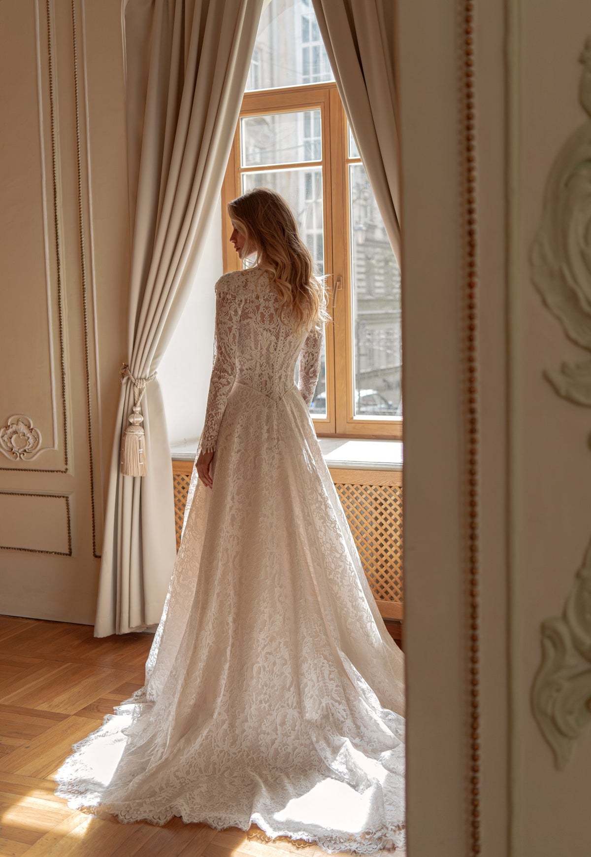 Lace A-Line Wedding Dress with High-Neck Long Sleeves, Corset Bodice and Slit - photo 2