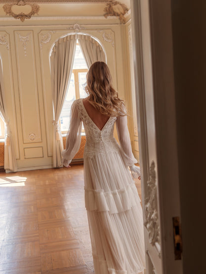 Boho Tiered Lace and Tulle Wedding Dress with Plunging V-Neck, Sheer Sleeves and Open Back - photo 2