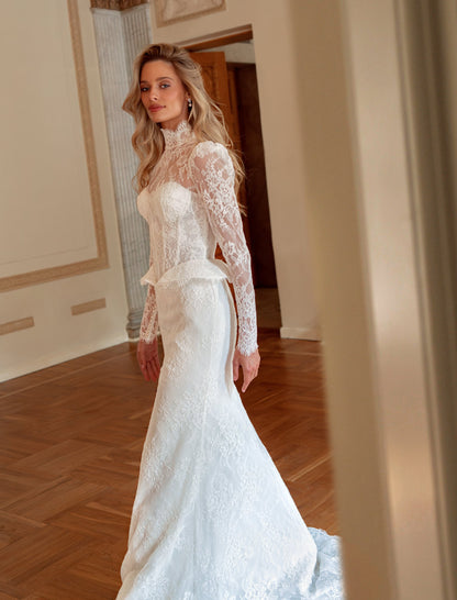 Lace Mermaid Wedding Dress with High-Neck Sheer Sleeves, Peplum Corset and Scalloped Train - photo 2