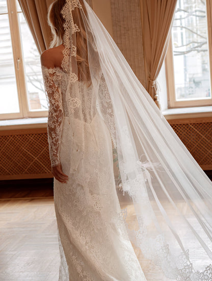Lace Mermaid Wedding Dress with Plunging Illusion Corset and Sheer Lace Sleeves - photo 2